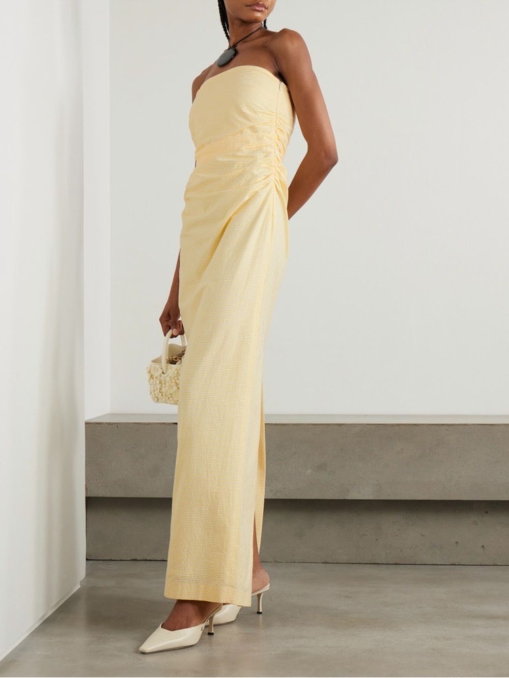 Bernadette Vera Strapless ruched striped cotton seersucker maxi dress